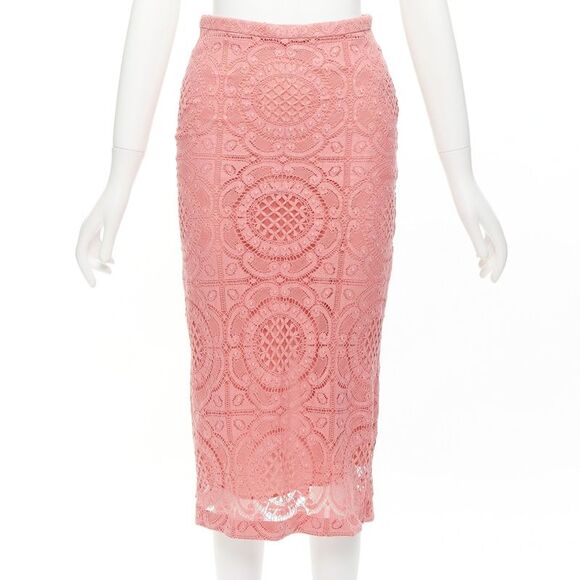 BURBERRY Runway pink cotton blend floral lace high waisted pencil skirt IT36 XXS